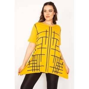 Şans Women's Large Size Yellow V-Neck Front Printed Tunic
