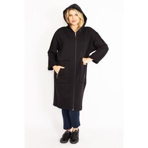 Şans Women's Large Size Black Zipper and Hood Detailed Coat
