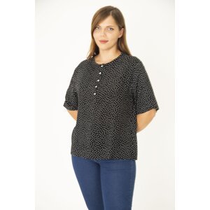 Şans Women's Plus Size Black Woven Viscose Fabric Front Placket Buttoned Blouse