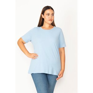 Şans Women's Plus Size Blue Cotton Fabric Crew Neck Short Sleeve Blouse