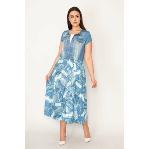 Şans Women's Plus Size Blue Print Detailed Crew Neck Short Sleeve Dress