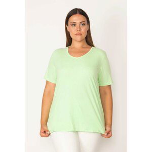 Şans Women's Large Size Green Cotton Fabric V-Neck Short Sleeve Blouse