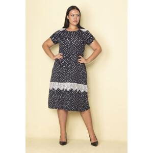 Şans Women's Large Size Navy Blue Point Patterned Lace Dress