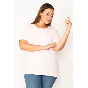 Şans Women's Plus Size Pink Cotton Fabric Crew Neck Short Sleeve Blouse