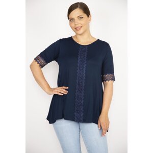 Şans Women's Navy Blue Plus Size Lace Up Sleeves And Middle Front Blouse