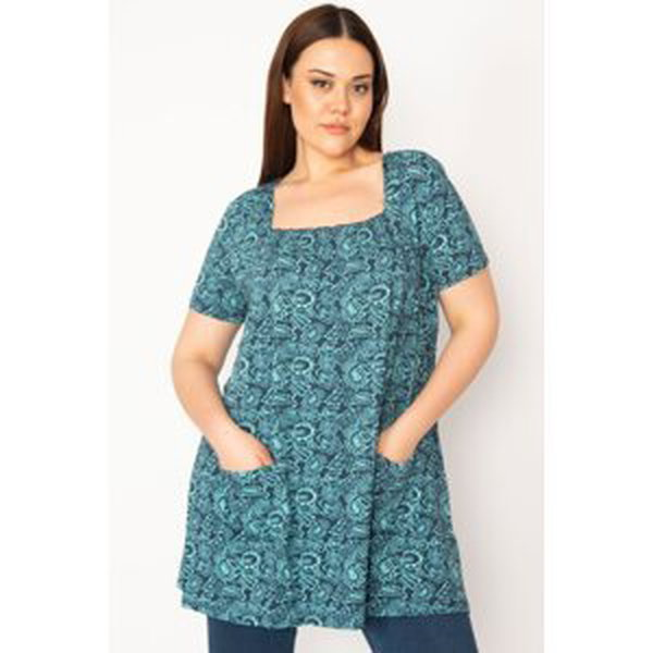 Şans Women's Plus Size Green Collar Gimped Elastic And Pocket Detailed Tunic