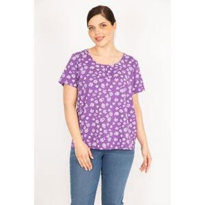 Şans Women's Lilac Plus Size Cotton Fabric Short Sleeve Patterned Blouse