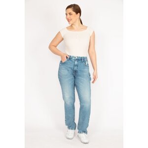 Şans Women's Blue Plus Size Jeans with Torn Pocket Detailed Detail