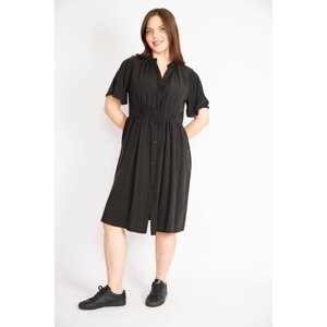 Şans Women's Black Plus Size Front Buttoned Waist Part Rubber Detailed Dress