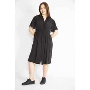 Şans Women's Black Plus Size Front Buttoned Waist Elastic Detailed Dress