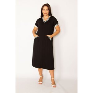 Şans Women's Plus Size Black Rib Detail V-Neck with Pockets Dress