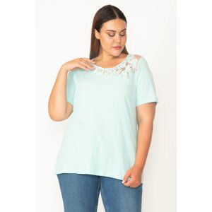 Şans Women's Green Plus Size Cotton Fabric Collar Lace Blouse