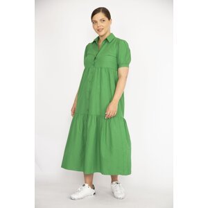 Şans Women's Plus Size Green Poplin Fabric Front Length Buttoned Dress