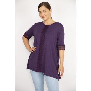 Şans Women's Plum Plus Size Lace Blouse with Sleeve and Mid-Front