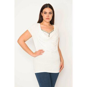 Şans Women's Bone Stone Detail Low Collar Blouse