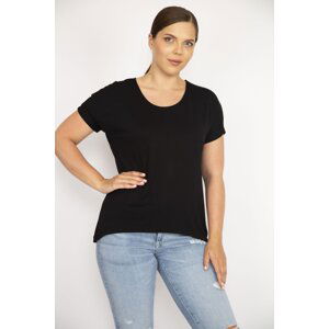 Şans Women's Black Plus Size Crew Neck Short Sleeve Long Back Blouse