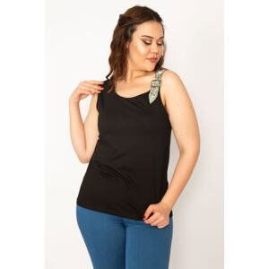 Şans Women's Plus Size Viscose Blouse with Black Straps and Stone Detail