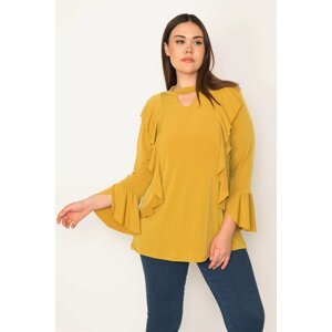 Şans Women's Plus Size Mustard Collar and Flywheel Detailed Blouse