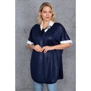 Şans Women's Plus Size Navy Blue Faux Für Detailed Quilted Patterned Cape