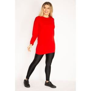 Şans Women's Plus Size Red Banded Sleeve And Hem Tunic