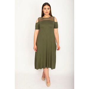 Şans Women's Plus Size Khaki Robe Mesh Detailed Viscose Dress