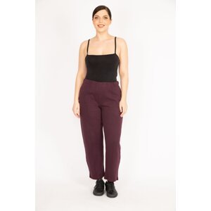 Şans Women's Burgundy Large Size Trousers with Iron-on Marks, Grass Stitching, Elastic Waist and Side Pockets