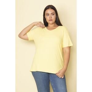 Şans Women's Large Size Yellow Cotton Fabric V-Neck Short Sleeve Blouse