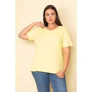 Şans Women's Plus Size Yellow Cotton Fabric V-Neck Short Sleeve Blouse