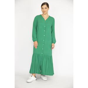 Şans Women's Green Plus Size Woven Viscose Fabric Front Length Buttoned Long Sleeve Dress