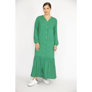 Şans Women's Green Large Size Woven Viscose Fabric Front Length Buttoned Long Sleeve Dress
