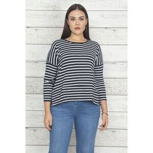 Şans Women's Large Size Navy Blue Stripe Detailed Blouse