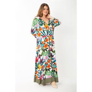 Şans Women's Plus Size Colored Front Buttoned Patterned Long Dress