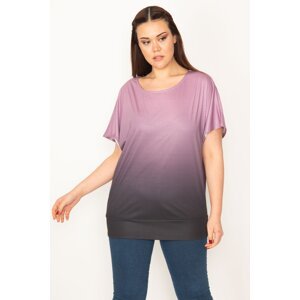 Şans Women's Plus Size Lilac Tie-Dye Patterned Low Sleeve Hem Tape Blouse