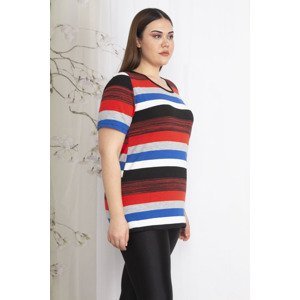 Şans Women's Large Size Colorful Short Sleeve Knitwear Woven Striped Blouse