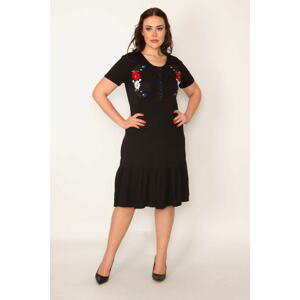 Şans Women's Plus Size Black Embroidery Detailed Front Placket Buttoned Skirt Tip Layered Dress