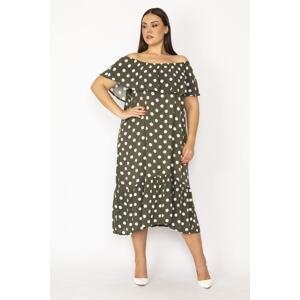 Şans Women's Plus Size Khaki Neck Elastic And Flywheel Detail Woven Viscose Fabric Dress