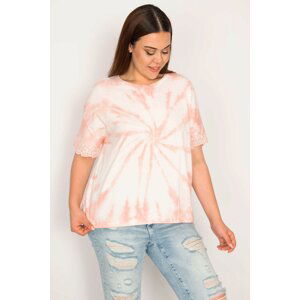 Şans Women's Plus Size Salmon Tie Dye Patterned Sleeve Lace Detailed Blouse