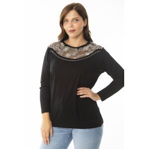 Şans Women's Plus Size Black Collar Tulle Embroidery And Stone Detailed Long Sleeve Blouse