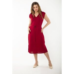 Şans Women's Plus Size Burgundy V-Neck Belted Waist Jersey Dress