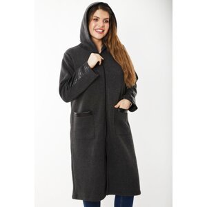 Şans Women's Plus Size Smoked Cream Coat with Zippered Hood and Unlined Faux Leather with Garnish