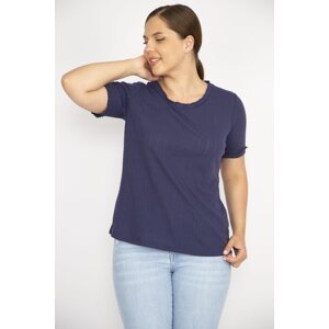 Şans Women's Navy Blue Large Size Self-Striped Short Sleeve Blouse