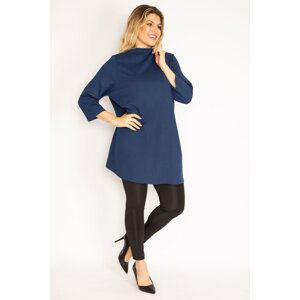 Şans Women's Plus Size Navy Blue Crew Neck Capri Sleeve Tunic