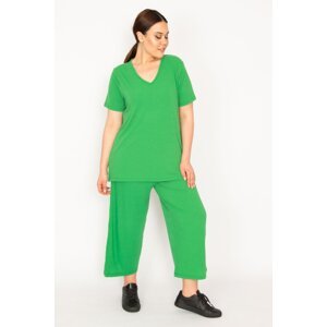 Şans Women's Green Camisole Knitted Elastic Waist Wide Leg Trousers V-Neck Blouse Suit