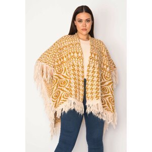 Şans Women's Plus Size Saffron Shawl Pattern Tassel And Silvery Detailed Thick Knitwear Poncho