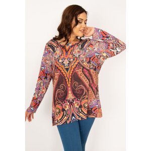Şans Women's Plus Size Colorful Blouse with Stones Detailed in the Front and Long Sleeves