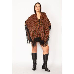 Şans Women's Plus Size Brown Shawl Pattern Tassel And Silvery Detailed Thick Knitwear Poncho