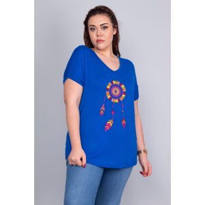 Şans Women's Plus Size Saxe Blue Embroidery Detail V-Neck Low Sleeve Blouse