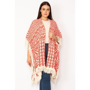 Şans Women's Plus Size Red Shawl Pattern Tassel And Silvery Detailed Thick Knitwear Poncho