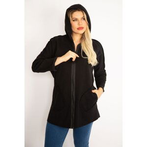 Şans Women's Plus Size Black Front Zippered Pocket And Hooded Coat