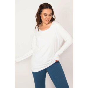 Şans Women's Plus Size White Cotton Fabric Crew Neck Long Sleeve Blouse